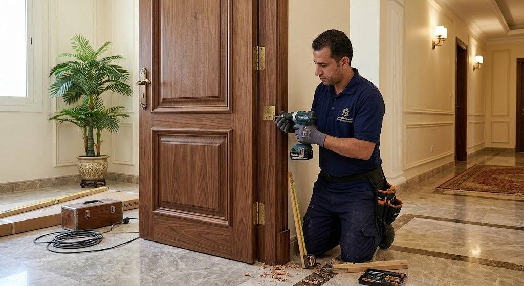 ورشة نجارة مجهزة بأحدث المعدات لتفصيل وتصليح أبواب الخشب في الكويت بمهارة عالية ودون أي خدوش
